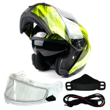 Yellow Adult Modular Flip Up Snowmobile Helmet w/ Dual Lens Heated Shield DOT