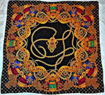 SCARF RARE VINTAGE AUTHENTIC CELINE PARIS JEWELRY GOLD EGGS WOOL SILK 54'' SQUARE