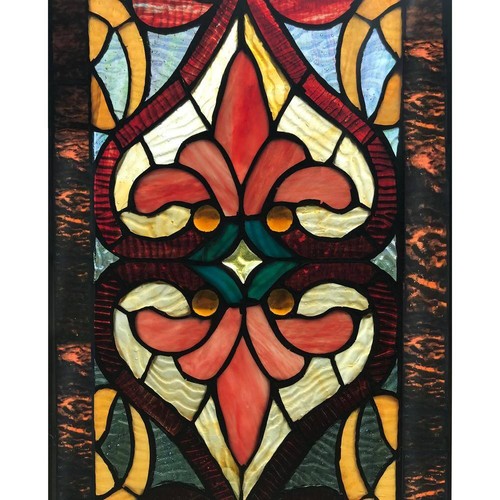 Red Victorian Stained Glass Fleur De Lis Window Panel Handcrafted - Picture 5 of 7