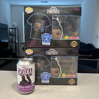 Funko Pop Lot Black Panther Wakanda Shuri Glow XL T-shirt Bundle + T Challa Soda