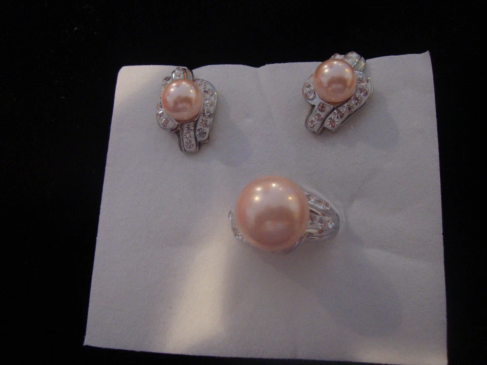 J133 ANILLO CRISTAL AUSTRIACO BLANCO PERLA CONCHA ROSA TALLA 6 Y PENDIENTES ACERO INOXIDABLE Foto 3 de 4