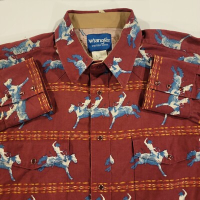 Wrangler Pearl Snap Mens Xl Red All Over Print Bucking Bronco Cowboy Western