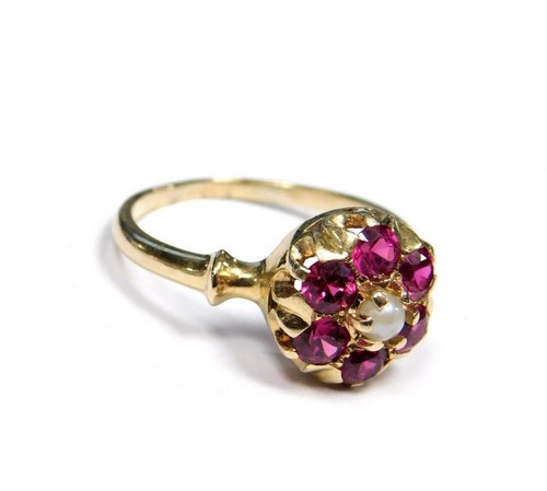 Victorian 14k Pearl Seed Pink Topaz Halo Cluster Yellow Gold Ring Sz 8 1897-1922 - Picture 3 of 6