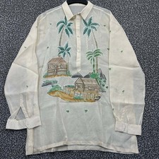 Vintage Filipino Barong Tagalog Hand Painted Pina Silk Sheer Shirt Off White XL