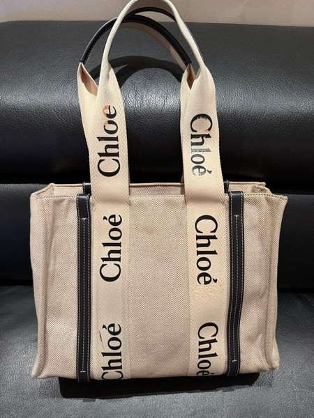 CHLOE Woody Tote Bag Handbag Shoulder Bag M Beige Navy Canvas Leather Logo JAPAN