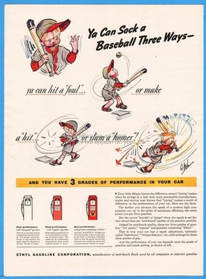 1938 Ethyl Gasoline Corp Little League Ya Can Sock a Baseball Three Ways Gas Ad