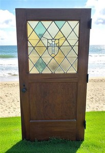 Antique Single Door (40x79.5) Stained Glass Paneled Church Door, Solid Wood, CD6