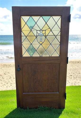 Antique Single Door (40x79.5) Stained Glass Paneled Church Door, Solid Wood, CD6