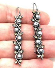 Vintage Hair Barrettes Gunmetal Color Faux Gray Pearl set Pair  Read