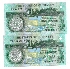 Guernsey (P52c) 1 Pound 1991 Clark x 2 Consecutive UNC