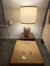 Ceramic Striped Table Lamp 23 inches Beige Drum Shade Pull Chain