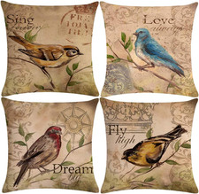 7COLORROOM Set of 4 Vintage Bird Pillow Covers Birds on the Branch with Inspirat