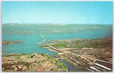 Seattle WA Evergreen Point Floating Bridge Lake Washington Aerial View 1972