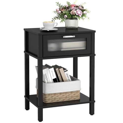 Nightstand Wooden Bedside Table with Drawer Black Night Stands Modern Style S...