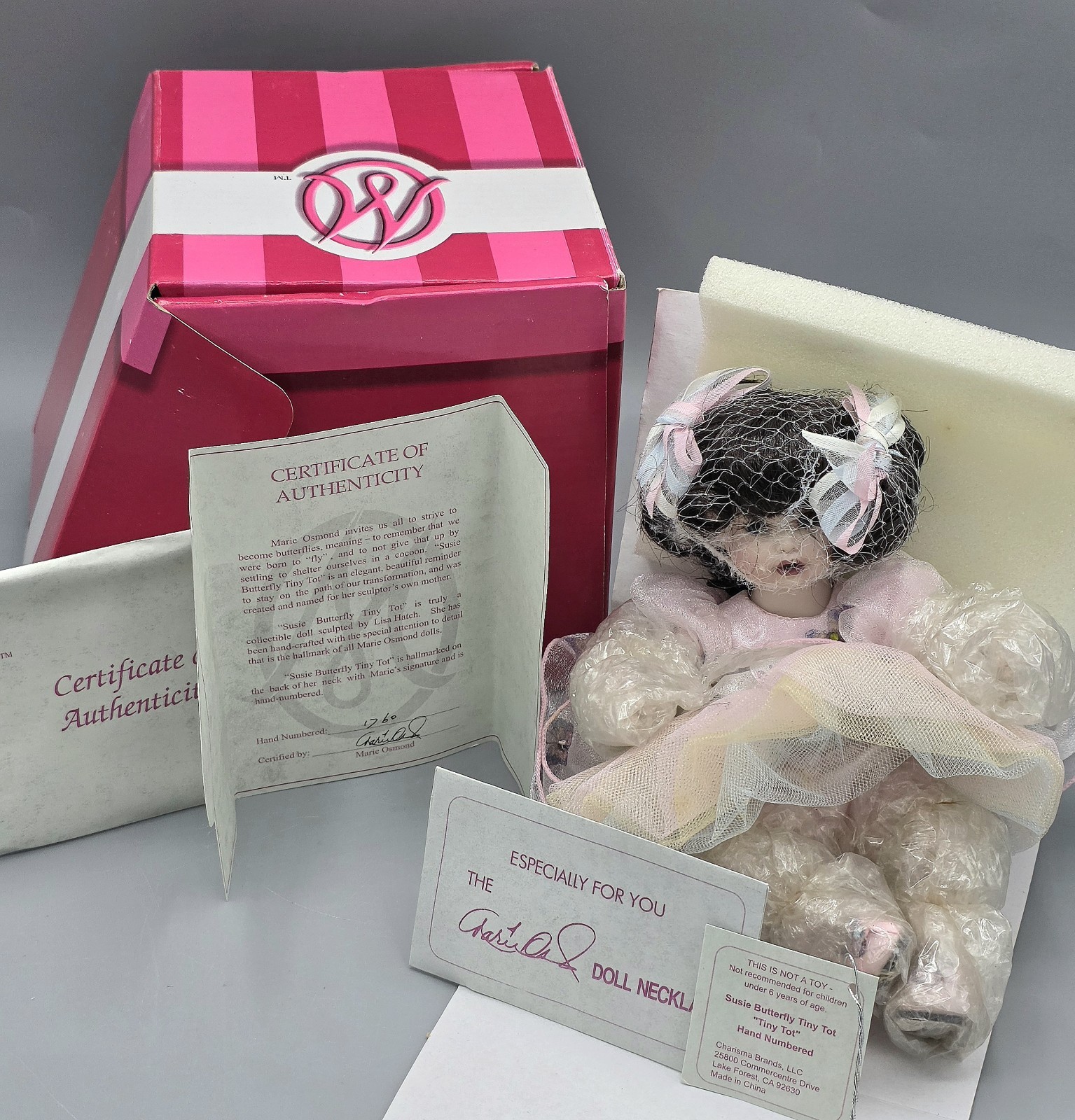 Marie Osmond Susie Butterfly Tiny Tot Porcelain Doll w/ Necklace & COA Signed