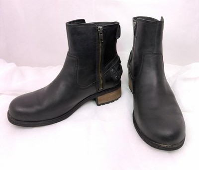UGG Orion Moto Biker Boots Women 7 Black Leather Side Zip Buckle Ankle Booties