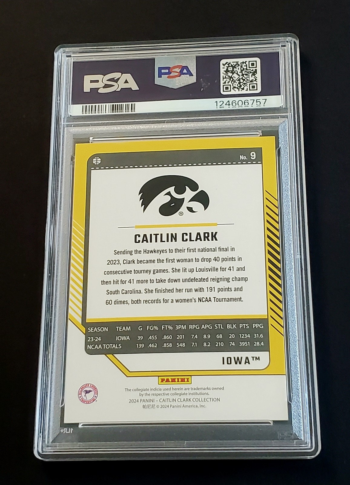 2024 Panini Caitlin Clark Collection #9 Donruss Vortex #/399 PSA 9 Mint Hawkeyes view 2