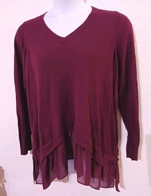 TORRID*Dark Red/Purple Top*Size 2 2X*Lg Sleeve*V-neck*Semi Sheer Layer At Bottom