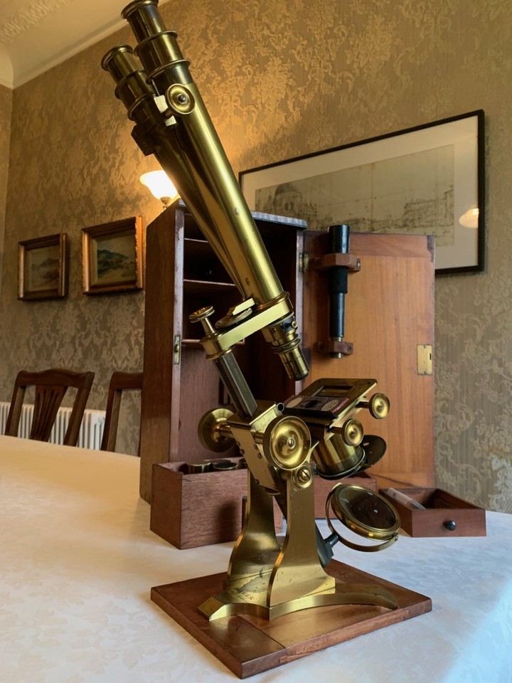 Large Antique C. Baker Wenham Binocular Bar-limb Brass Microscope ...