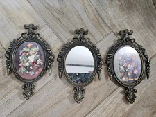 2 Vtg Italian Cast Brass Ornate Baroque/Victorian Small Picture Frames & Mirror