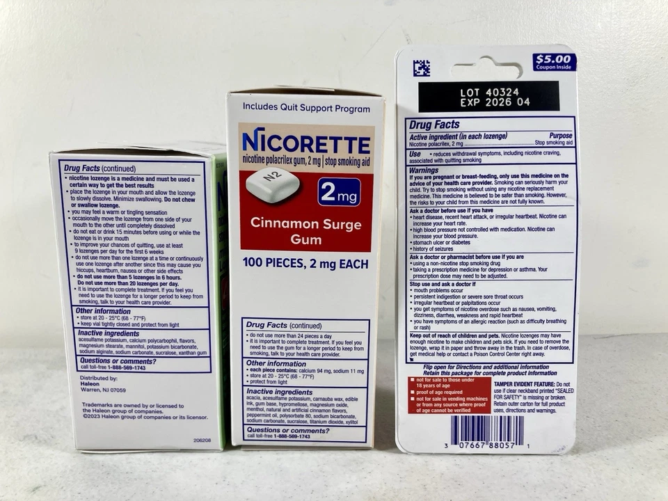 LOTE DE 2 chicles y pastillas Nicorette nicotina canela 2 mg 100 quilates y menta 4 mg 81 quilates NUEVO Foto 2 de 4