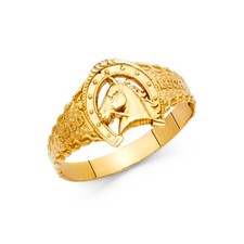 Women 14k Yellow Gold Horse Shoe Vintage Milgrain Horse Face lucky Ring Band