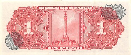 México 1 Peso 25.I.1961 Series JV Prefix F Uncirculated Banknote Top16 - Picture 2 of 2
