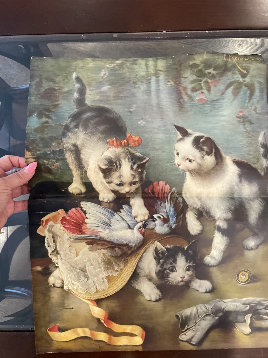 Vintage Lithograph Carl Reichert Art Print Mischievous Kittens