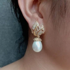 White Sea Shell Pearl Teardrop Shape Cubic Zirconia Pave Stud Earrings Jewelry