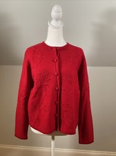 VTG Karen Scott Pure Wool Floral Embroidery Red Cardigan Large 100 Wool
