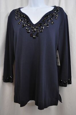 Sutton Studio Navy w/Black Embellishment Neckline & Cuffs Top Size L MSRP $58