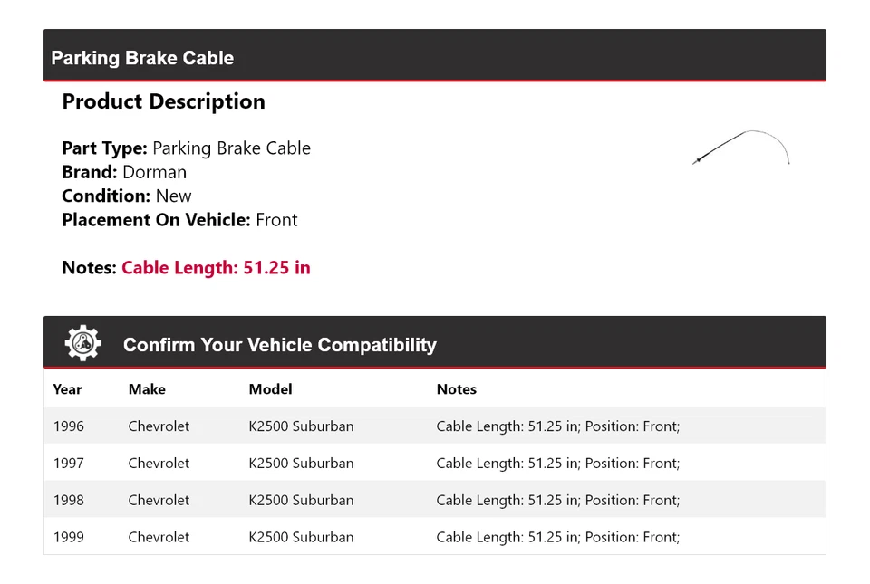 Cable de freno de estacionamiento delantero 1997 para Chevrolet K2500 Suburban Dorman 1996-1999 Foto 2 de 4
