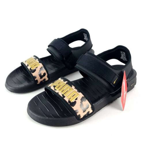PUMA Women's SoftRide Leopard Black Brush Gold Sandals Size 9.5 New