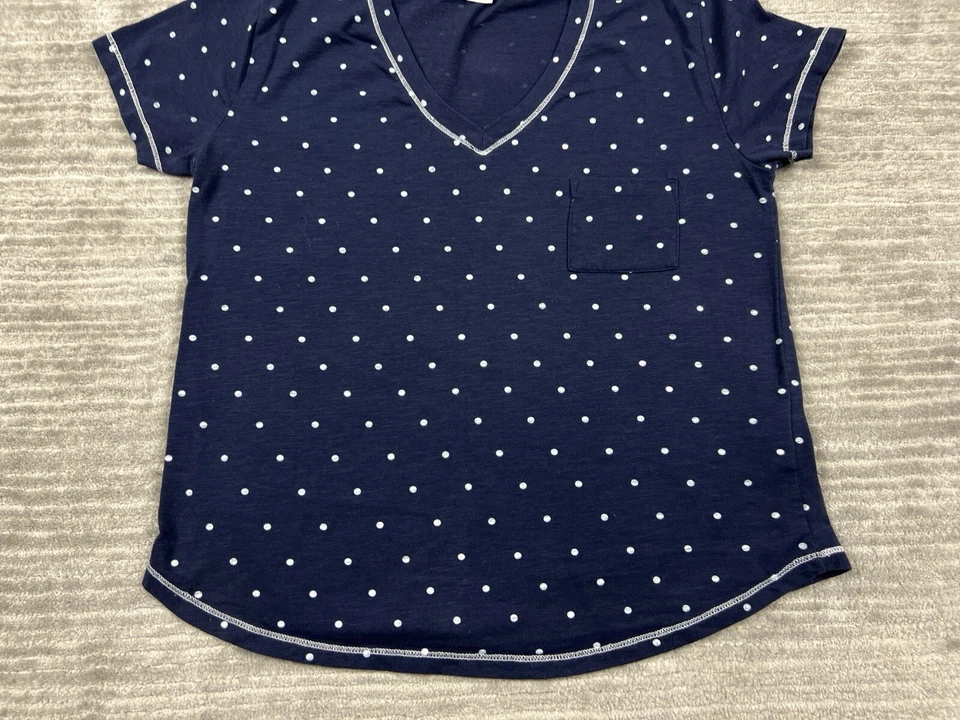 Espléndido Top Mujer Pequeño Azul Blanco Lunares Manga Corta Bolsillo Mezcla Algodón Foto 3 de 4