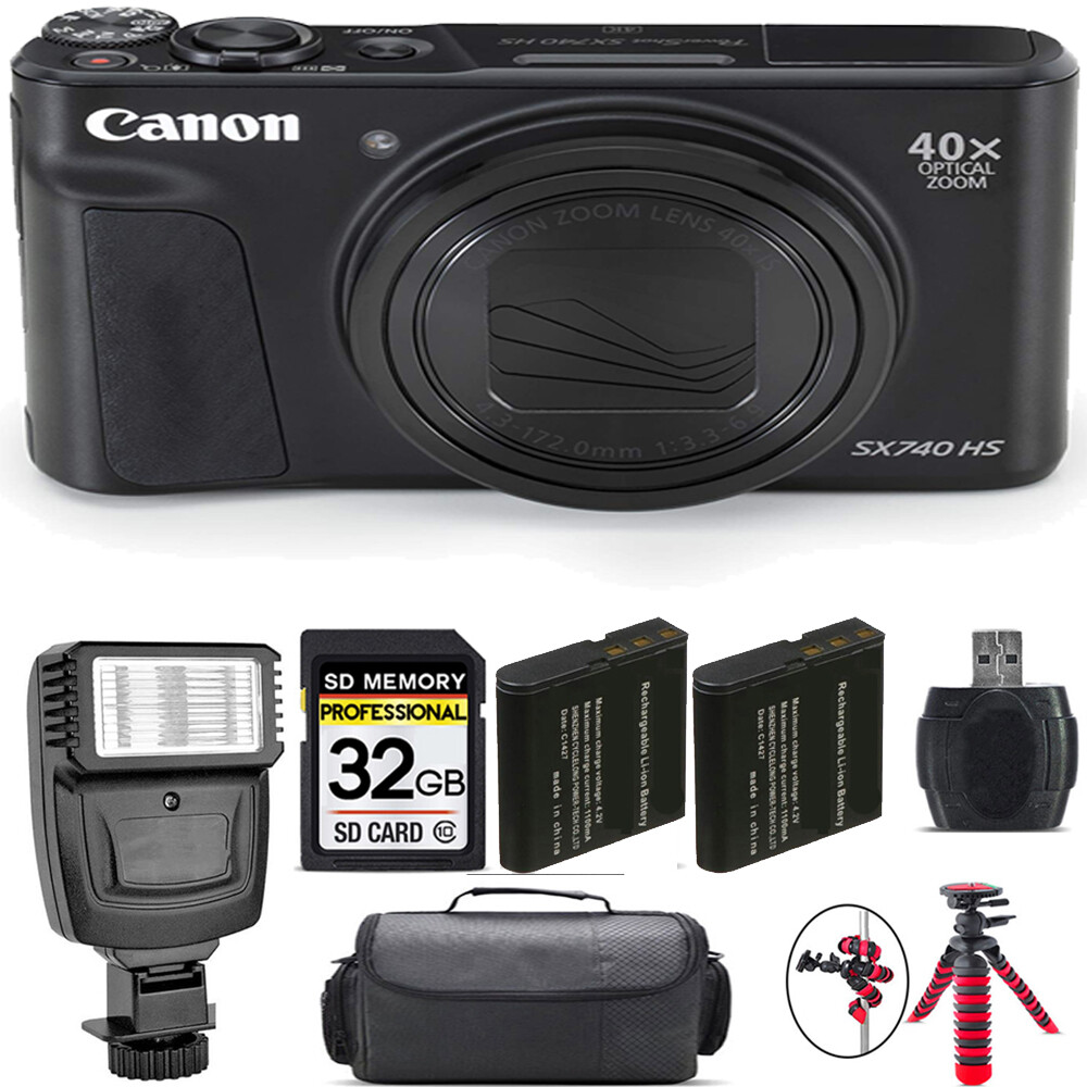 Canon PowerShot SX740 HS Camera &lpar;Black&rpar; &plus; Extra Battery &plus; Flash - 32GB Kit
