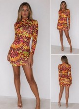 NWT PrettyLittleThing Multi Rainbow High Neck Bodycon Mini Dress Stretch XS/S