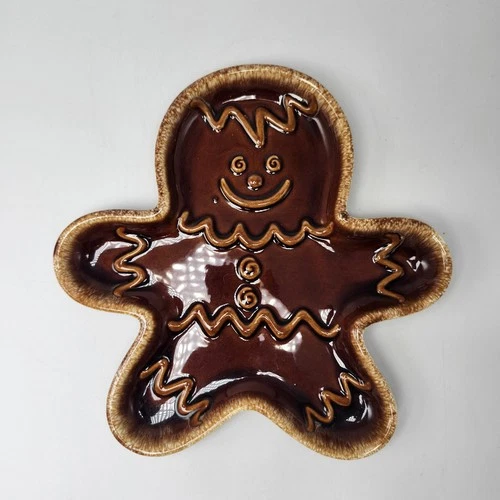 Vintage 10.5” Hull Gingerbread Man Brown Drip Cookie Tray Plate Dish Made in USA