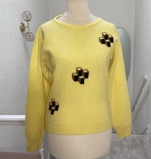 Vintage Tom Scott Scotland Lambswool Yellow Knit Jumper Size S Geometric 1950s