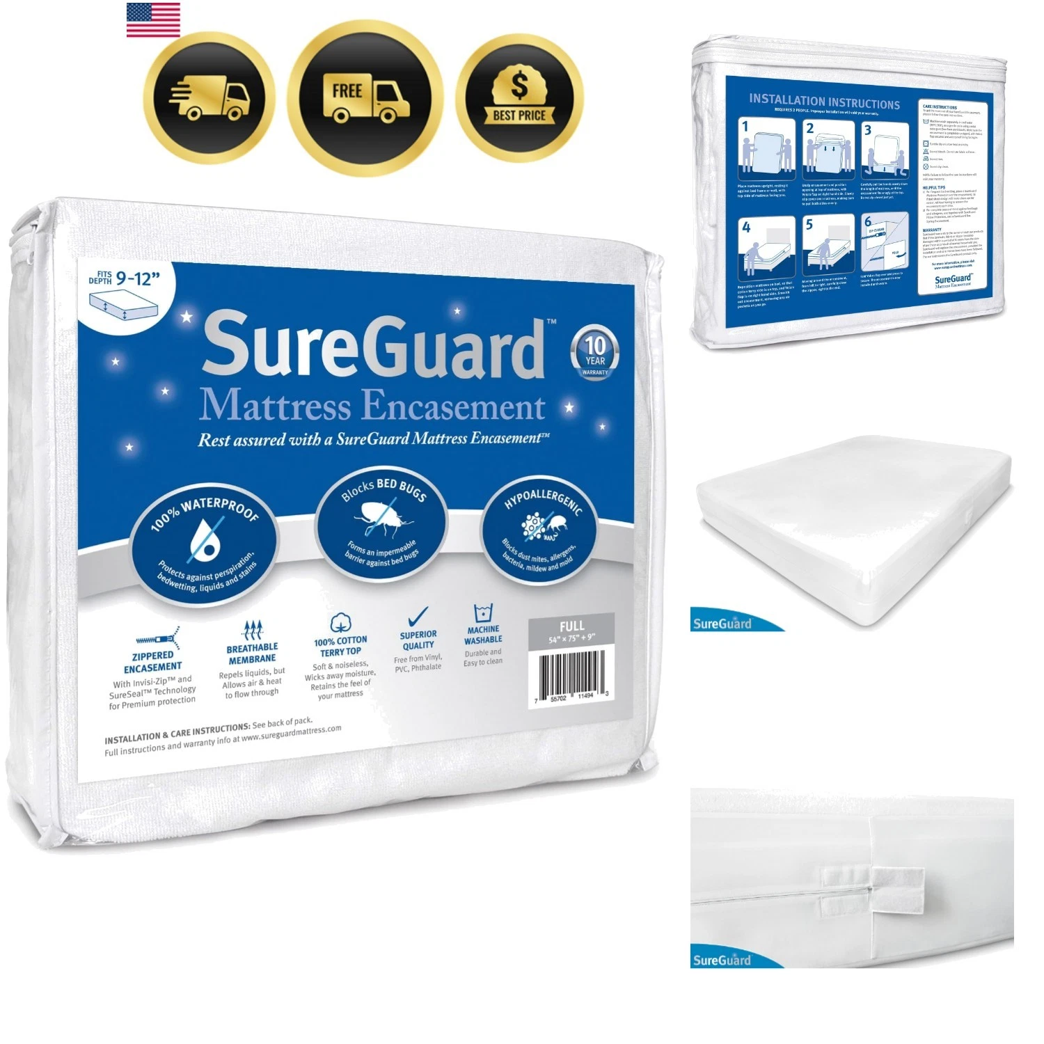Mattress Encasement Waterproof Bed Bug Proof Hypoallergenic Fits 9-12 in