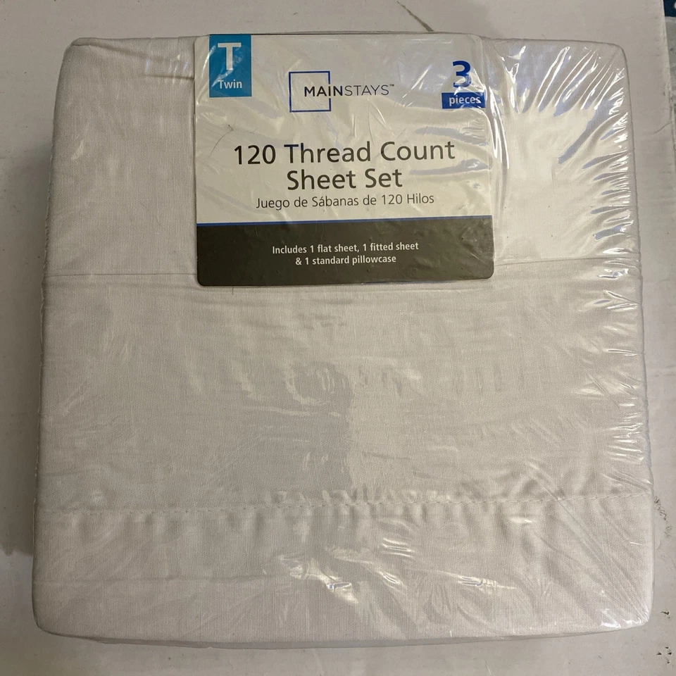 New Sealed Mainstays Twin 3 Piece Twin Sheet Set White Flat Fitted & Pillowcase - Image 2 of 4