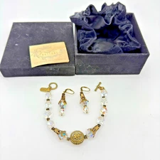 VTG Grandmother’s Buttons AB Crystal Brass Antique Button Bracelet Earrings Set