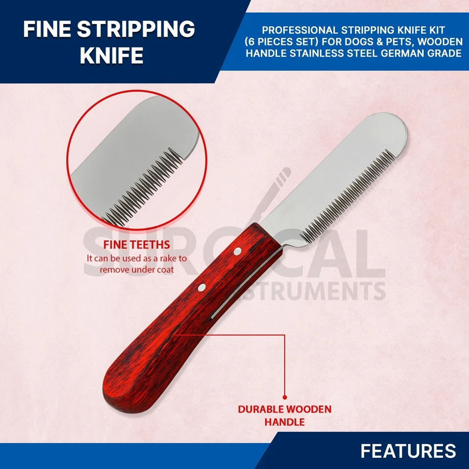 Juego de 6 piezas de pelado de abrigo de aseo de perros herramienta de pelado mango de madera (rojo adornado) Foto 4 de 4