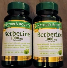 New 2 Pack Natures Bounty 1000 Mg Berberine 60 Capsules Ea/120 Total Exp 9/2026+