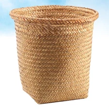 Round Woven Straw Basket Laundry Storage Bin Handcrafted Organizer