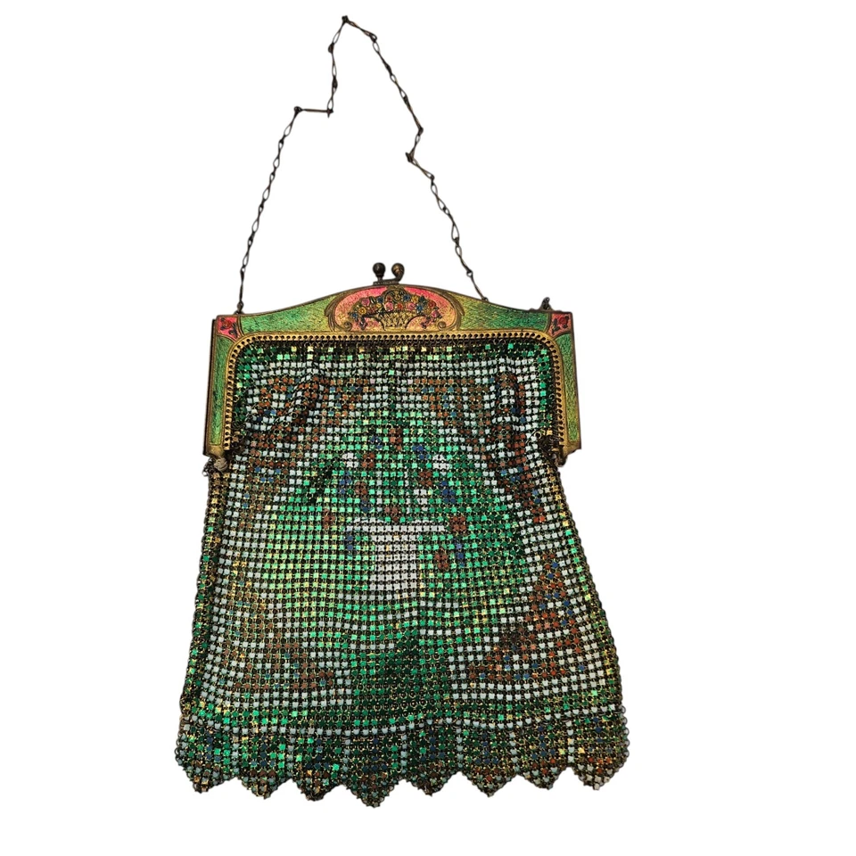 Antique Whiting Davis Mesh Metal Purse Flapper Bag 1920s  Green Abstract Art - Image 2 of 4