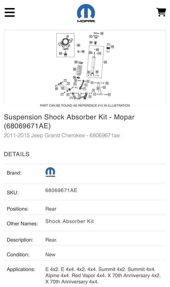 NUEVO Amortiguador trasero genuino Mopar 68069671AE 11-15 Jeep Grand Cherokee Foto 2 de 2