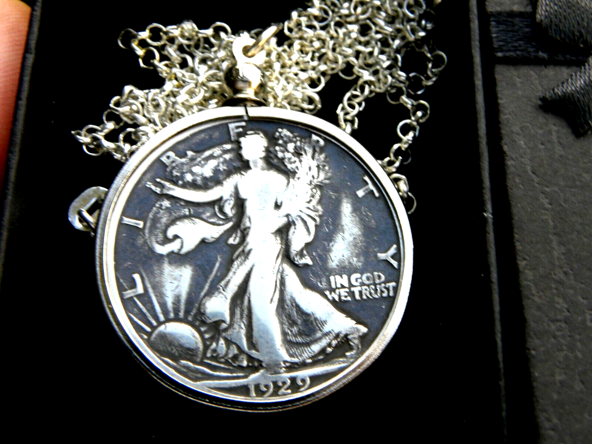 Necklace pendant vintage 1929 authentic silver walking liberty