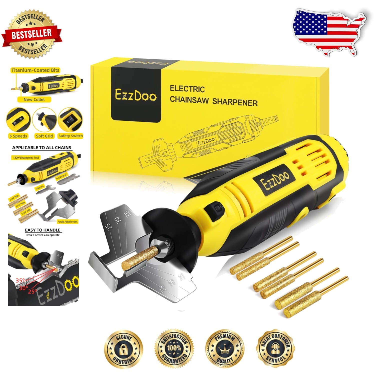 Electric Chainsaw Sharpener Kit with Titanium-Coated Bits & High-Speed Wheels