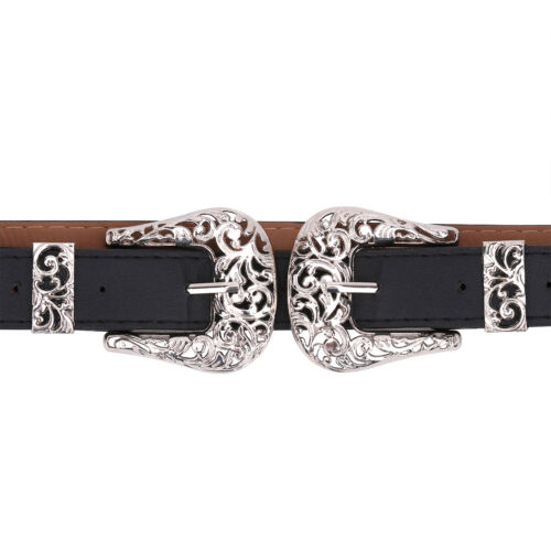 Estilo Vintage Plateado Doble Hebilla Piel Sintética Negro Cinturón Retro Cowboy - Imagen 2 de 7