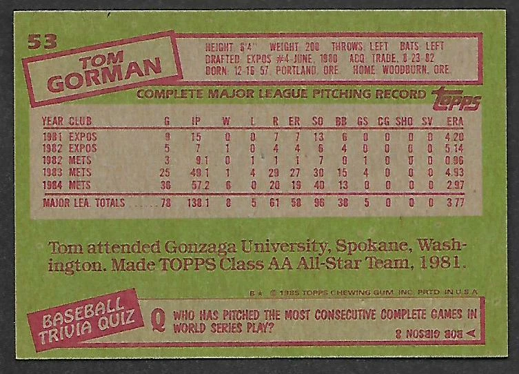 2017 TOPPS TOM GORMAN REDISCOVER TOPPS STAMPED BUYBACKS, 1985 TOPPS, #53, LOOK!! - Image 2 of 2